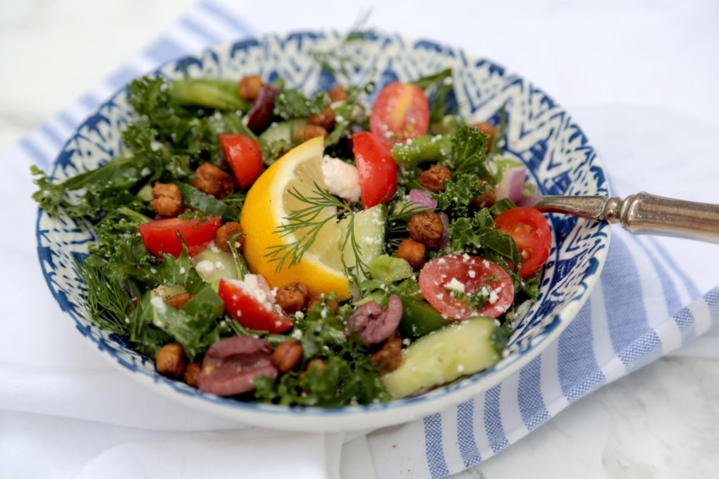 Kale Greek Salad w/ Roasted Chickpeas
